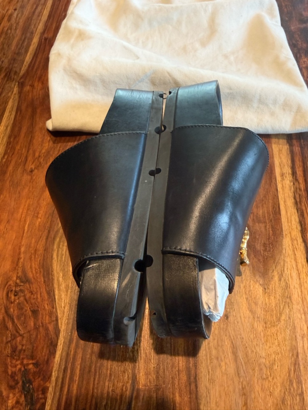 Celine Black Leather Slide Sandals with Gold-Tone Buckle - Picture 2 of 4